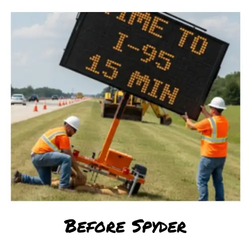 about us before spyder 500x500 two traffic control workers in orange vests and white hard hats struggle to level and put in upright position a traditional pcms message board on the grassy area of the shoulder of the road.