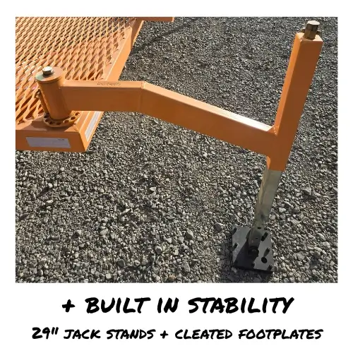 about us built in stability 500x500 about us. close up image of the 29" jack stand and cleated footplate of the spyder leg on the spyder platform pcms